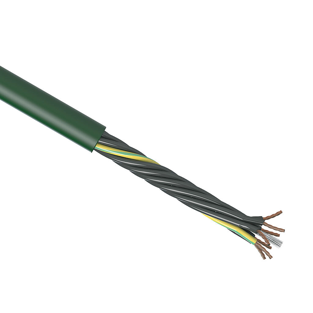 CF5-05-07-1 - igus continuous flexing control cable, unshielded, 7 conductors (includes ground), 20 AWG (0.50mm2), bare copper, TPE conductor insulation material, black with white numbers and green/yellow ground, PVC jacket, green, cut to length.