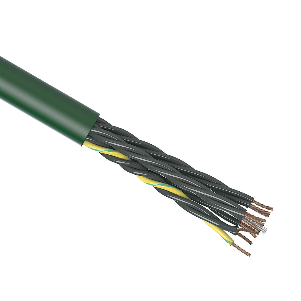 CF5-05-12-1 - igus continuous flexing control cable, unshielded, 12 conductors (includes ground), 20 AWG (0.50mm2), bare copper, TPE conductor insulation material, black with white numbers and green/yellow ground, PVC jacket, green, cut to length.