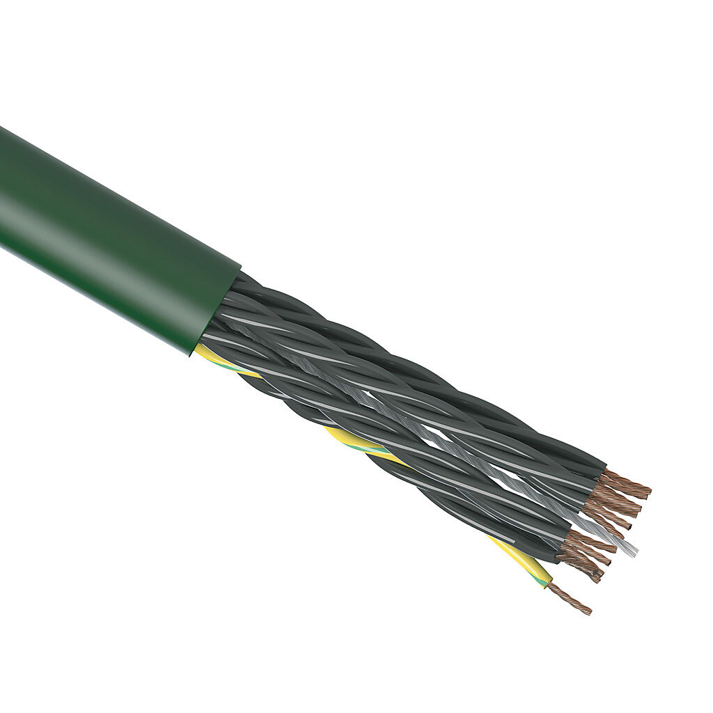 CF5-05-18-1 - igus continuous flexing control cable, unshielded, 18 conductors (includes ground), 20 AWG (0.50mm2), bare copper, TPE conductor insulation material, black with white numbers and green/yellow ground, PVC jacket, green, cut to length.