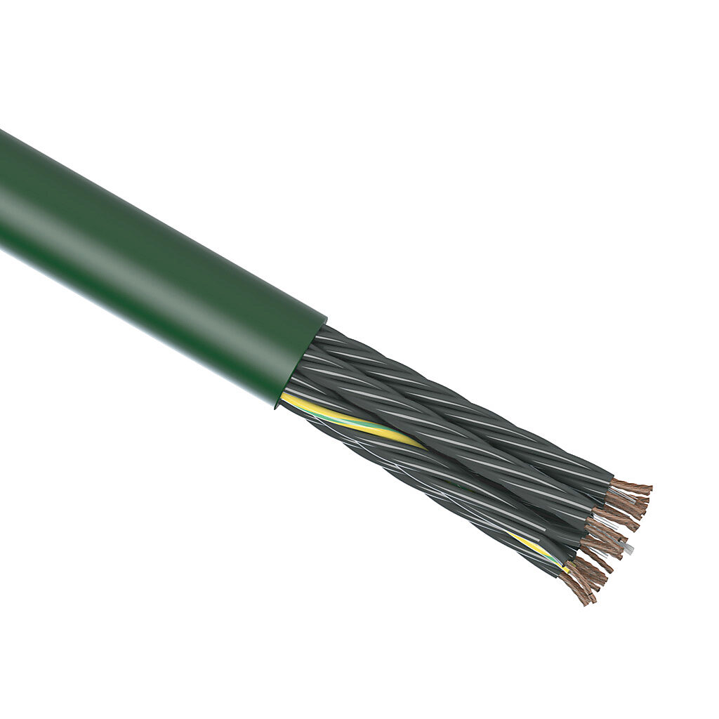 CF5-05-25-1 - igus continuous flexing control cable, unshielded, 25 conductors (includes ground), 20 AWG (0.50mm2), bare copper, TPE conductor insulation material, black with white numbers and green/yellow ground, PVC jacket, green, cut to length.