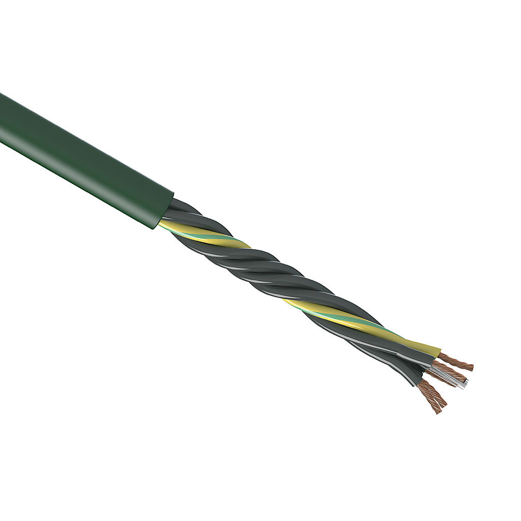 CF5-07-05-1 - igus continuous flexing control cable, unshielded, 5 conductors (includes ground), 18 AWG (0.75mm2), bare copper, PVC conductor insulation material, black with white numbers and green/yellow ground, PVC jacket, green, cut to length.