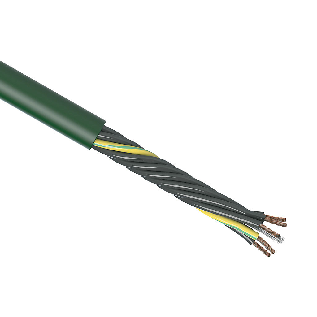 CF5-07-07-1 - igus continuous flexing control cable, unshielded, 7 conductors (includes ground), 18 AWG (0.75mm2), bare copper, PVC conductor insulation material, black with white numbers and green/yellow ground, PVC jacket, green, cut to length.