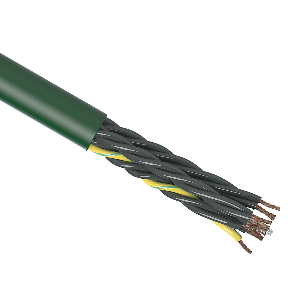 CF5-07-12-1 - igus continuous flexing control cable, unshielded, 12 conductors (includes ground), 18 AWG (0.75mm2), bare copper, PVC conductor insulation material, black with white numbers and green/yellow ground, PVC jacket, green, cut to length.