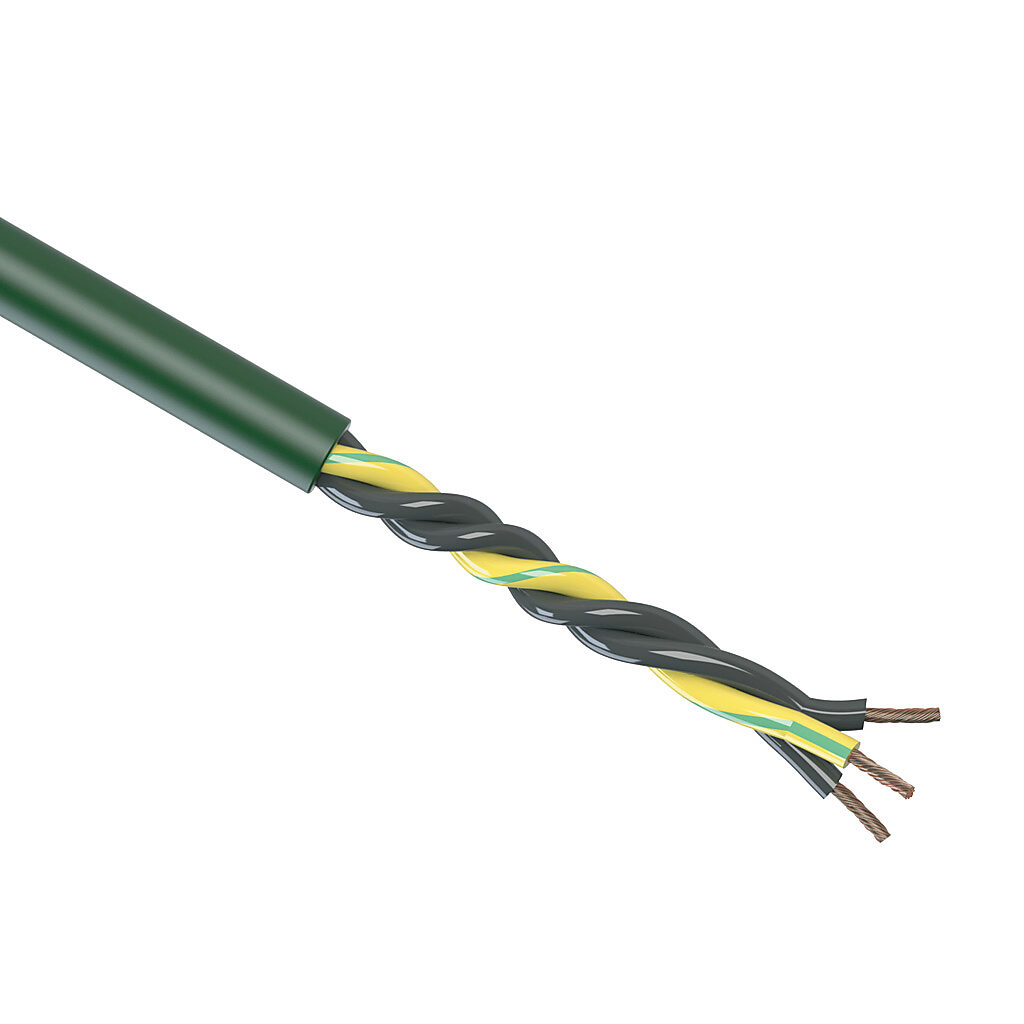 CF5-15-03-1 - igus continuous flexing control cable, unshielded, 3 conductors (includes ground), 16 AWG (1.50mm2), bare copper, PVC conductor insulation material, black with white numbers and green/yellow ground, PVC jacket, green, cut to length.