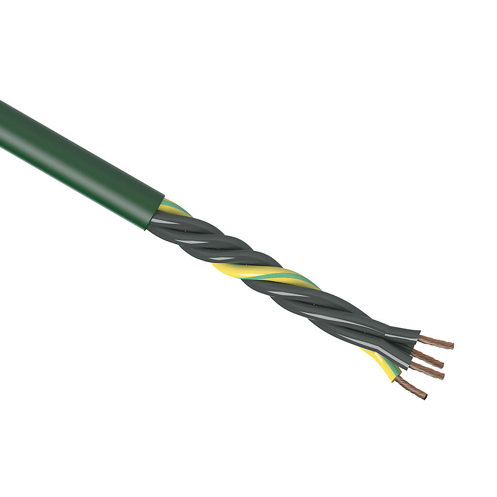 CF5-15-04-1 - igus continuous flexing control cable, unshielded, 4 conductors (includes ground), 16 AWG (1.50mm2), bare copper, PVC conductor insulation material, black with white numbers and green/yellow ground, PVC jacket, green, cut to length.