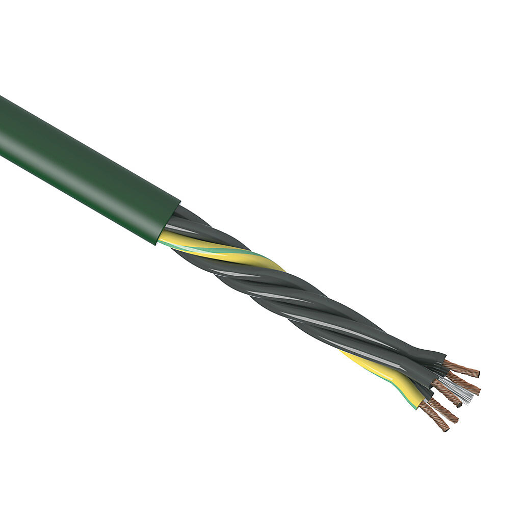 CF5-15-05-1 - igus continuous flexing control cable, unshielded, 5 conductors (includes ground), 16 AWG (1.50mm2), bare copper, PVC conductor insulation material, black with white numbers and green/yellow ground, PVC jacket, green, cut to length.