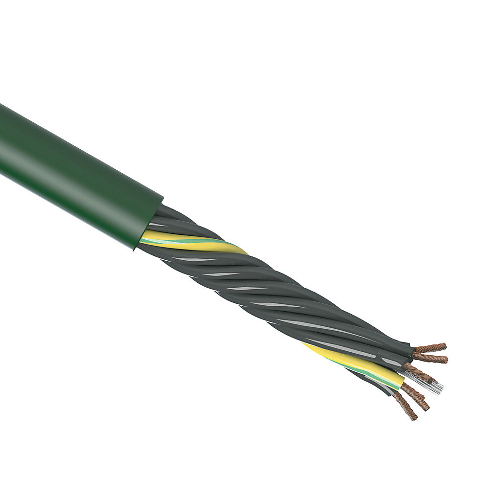 CF5-15-07-1 - igus continuous flexing control cable, unshielded, 7 conductors (includes ground), 16 AWG (1.50mm2), bare copper, PVC conductor insulation material, black with white numbers and green/yellow ground, PVC jacket, green, cut to length.