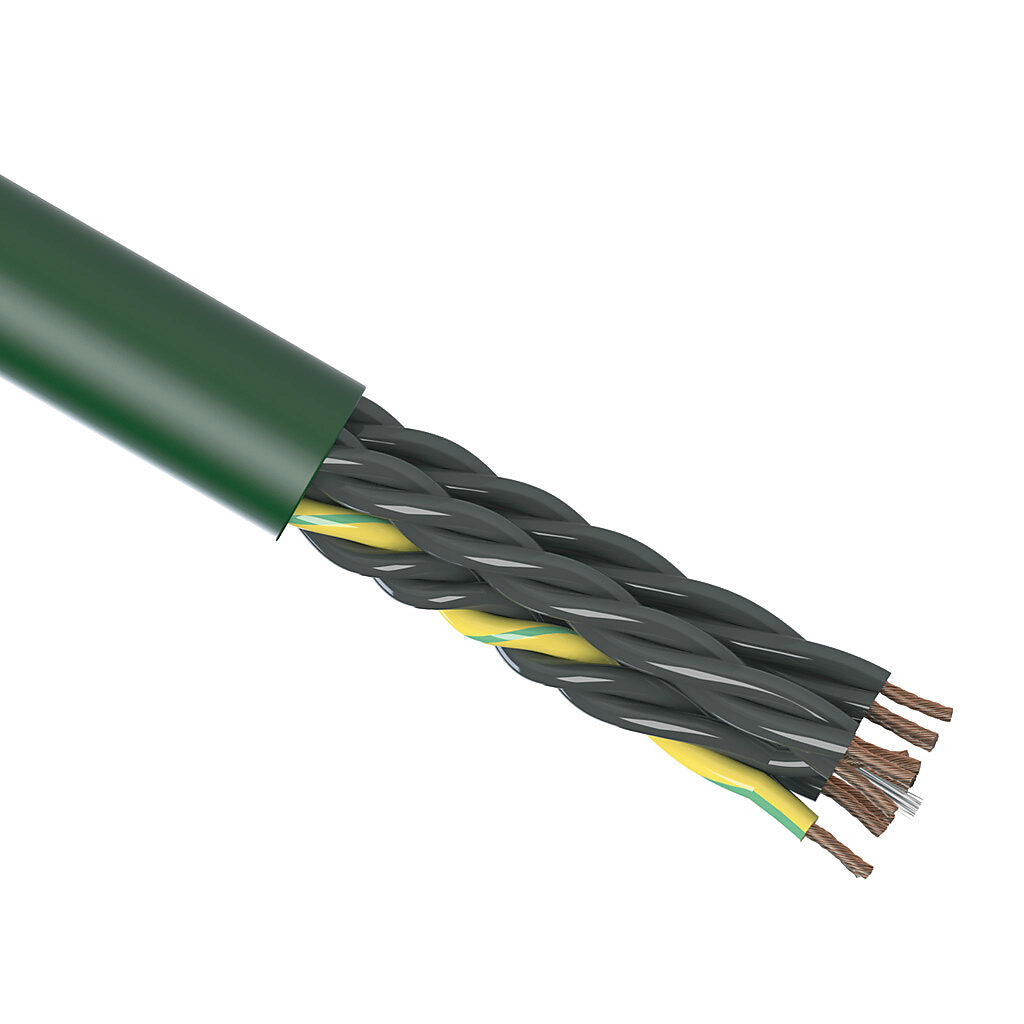 CF5-15-12-1 - igus continuous flexing control cable, unshielded, 12 conductors (includes ground), 16 AWG (1.50mm2), bare copper, PVC conductor insulation material, black with white numbers and green/yellow ground, PVC jacket, green, cut to length.