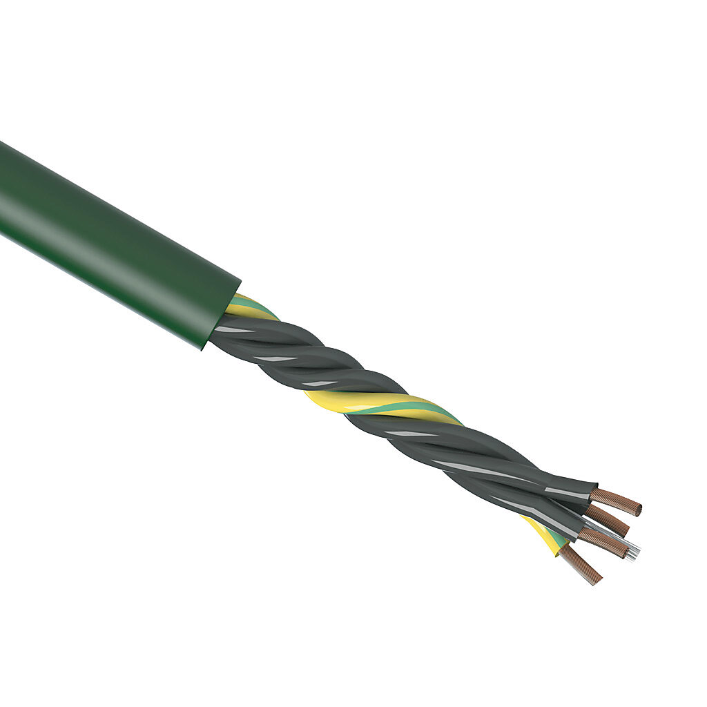 CF5-25-04-1 - igus continuous flexing control cable, unshielded, 4 conductors (includes ground), 14 AWG (2.50mm2), bare copper, PVC conductor insulation material, black with white numbers and green/yellow ground, PVC jacket, green, cut to length.