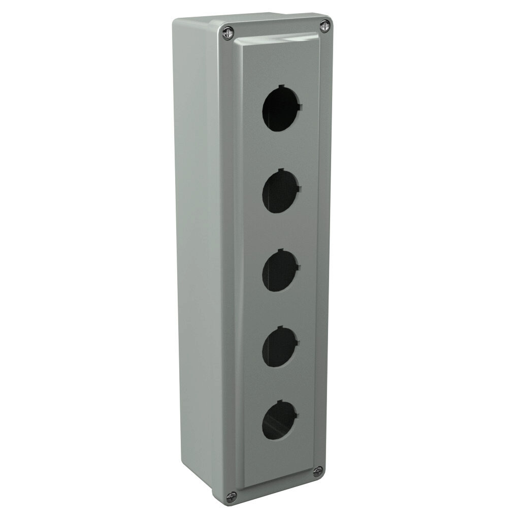 CF5PB - Stahlin CF series pushbutton enclosure, 5 holes, 30mm, NEMA 1/3R/4X/6P/12, 14 x 3 x 2in (HxWxD), wall mount, fiberglass reinforced polyester, gray, screw cover.