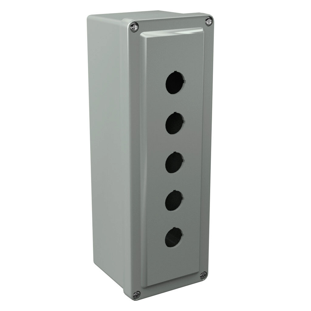 CF5PB22 - Stahlin CF series pushbutton enclosure, 5 holes, 22mm, NEMA 1/3R/4X/6P/12, 11 x 4 x 4in (HxWxD), wall mount, fiberglass reinforced polyester, gray, screw cover.