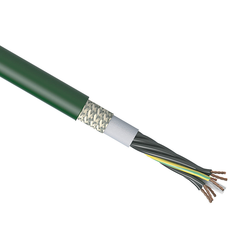 CF6-05-07-1 - igus continuous flexing control cable, shielded, 7 conductors (includes ground), 20 AWG (0.50mm2), bare copper, TPE conductor insulation material, black with white numbers and green/yellow ground, PVC jacket, green, cut to length.