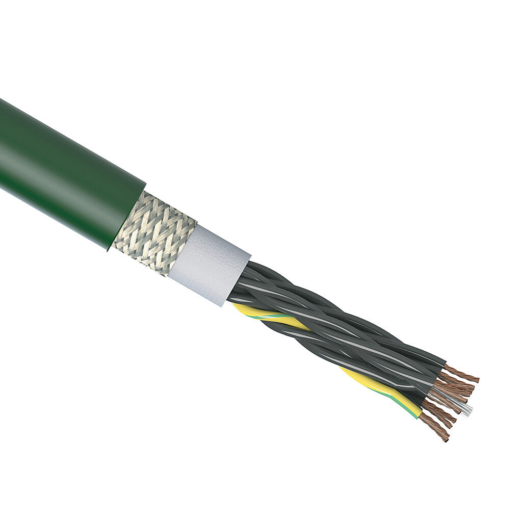 CF6-05-12-1 - igus continuous flexing control cable, shielded, 12 conductors (includes ground), 20 AWG (0.50mm2), bare copper, TPE conductor insulation material, black with white numbers and green/yellow ground, PVC jacket, green, cut to length.