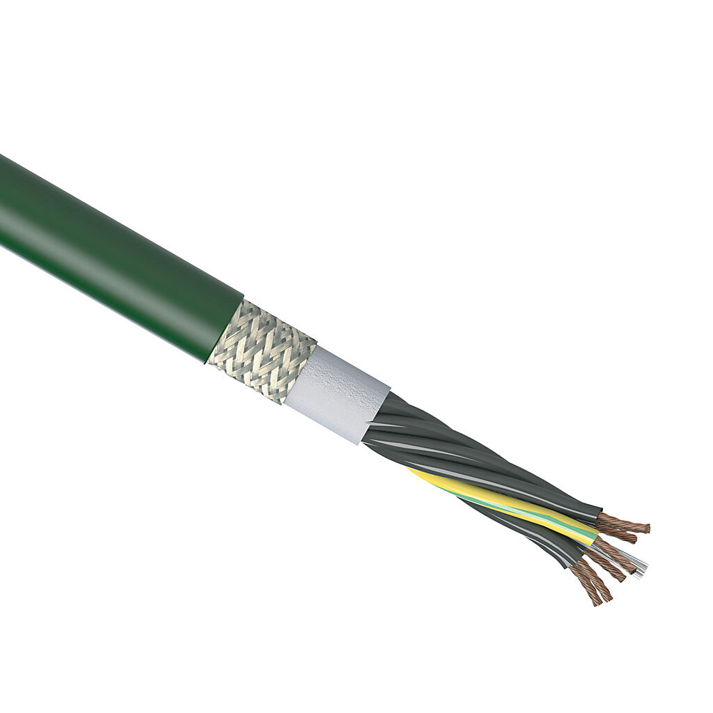 CF6-07-07-1 - igus continuous flexing control cable, shielded, 7 conductors (includes ground), 18 AWG (0.75mm2), bare copper, PVC conductor insulation material, black with white numbers and green/yellow ground, PVC jacket, green, cut to length.