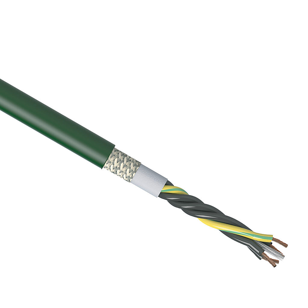 CF6-15-04-1 - igus continuous flexing control cable, shielded, 4 conductors (includes ground), 16 AWG (1.50mm2), bare copper, PVC conductor insulation material, black with white numbers and green/yellow ground, PVC jacket, green, cut to length.
