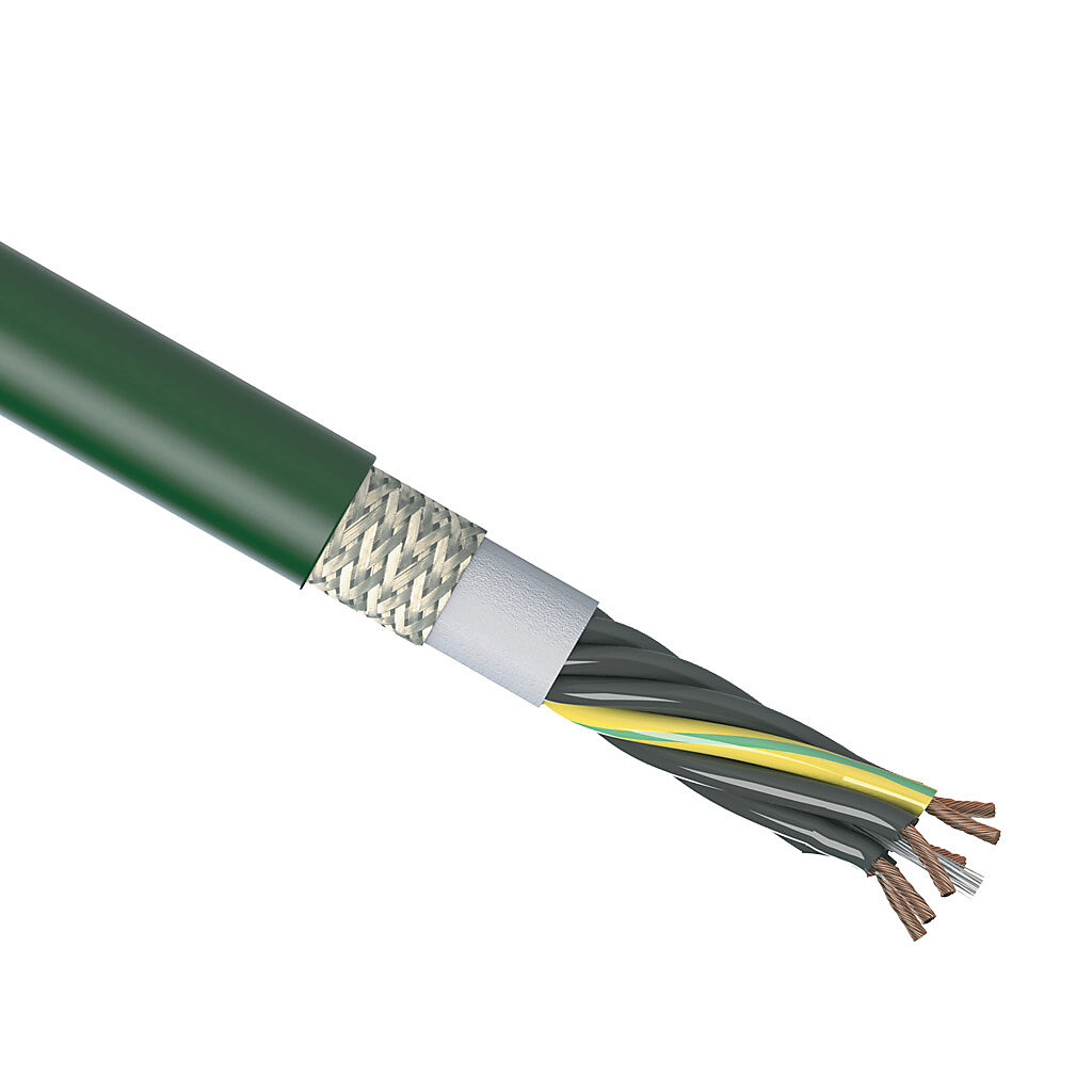 CF6-15-07-1 - igus continuous flexing control cable, shielded, 7 conductors (includes ground), 16 AWG (1.50mm2), bare copper, PVC conductor insulation material, black with white numbers and green/yellow ground, PVC jacket, green, cut to length.