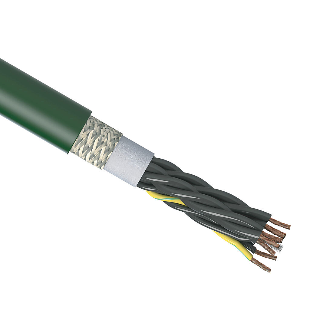 CF6-15-12-1 - igus continuous flexing control cable, shielded, 12 conductors (includes ground), 16 AWG (1.50mm2), bare copper, PVC conductor insulation material, black with white numbers and green/yellow ground, PVC jacket, green, cut to length.