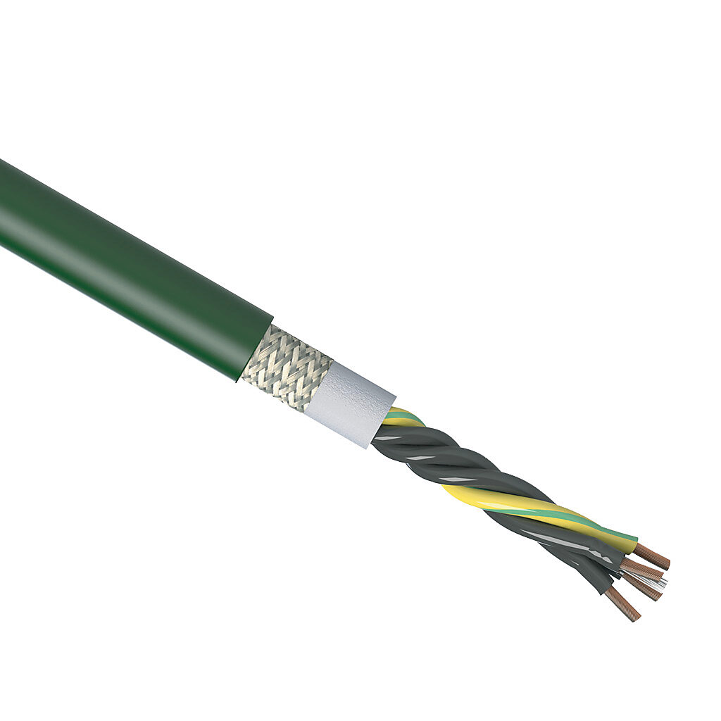 CF6-25-04-1 - igus continuous flexing control cable, shielded, 4 conductors (includes ground), 14 AWG (2.50mm2), bare copper, PVC conductor insulation material, black with white numbers and green/yellow ground, PVC jacket, green, cut to length.
