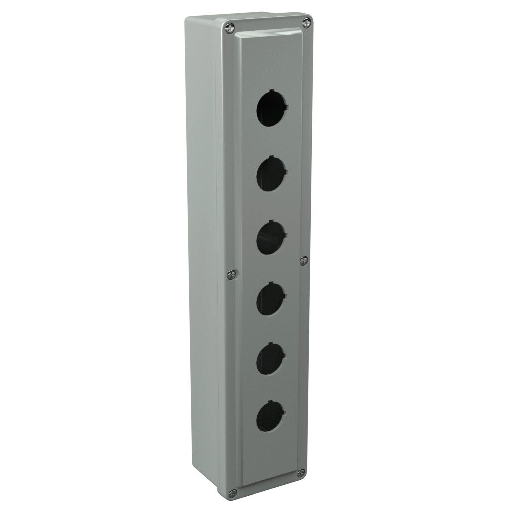 CF6PB - Stahlin CF series pushbutton enclosure, 6 holes, 30mm, NEMA 1/3R/4X/6P/12, 17 x 3 x 2in (HxWxD), wall mount, fiberglass reinforced polyester, gray, screw cover.