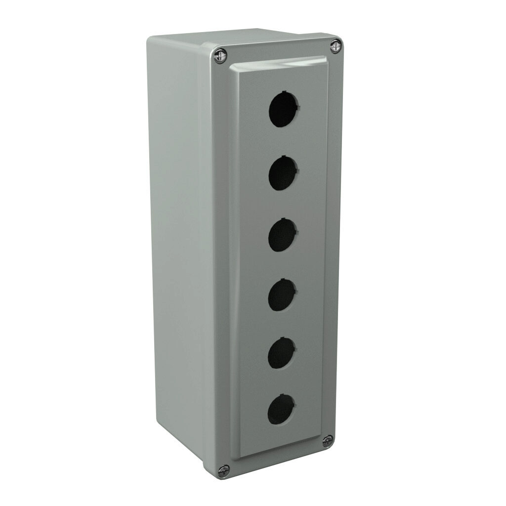 CF6PB22 - Stahlin CF series pushbutton enclosure, 6 holes, 22mm, NEMA 1/3R/4X/6P/12, 11 x 4 x 4in (HxWxD), wall mount, fiberglass reinforced polyester, gray, screw cover.