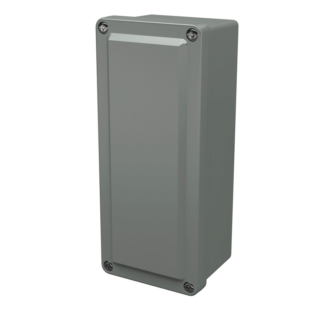 CF832 - Stahlin CF series pushbutton enclosure, blank cover, NEMA 1/3R/4X/6P/12, 8 x 3 x 2in (HxWxD), wall mount, fiberglass reinforced polyester, gray, crowned screw cover.