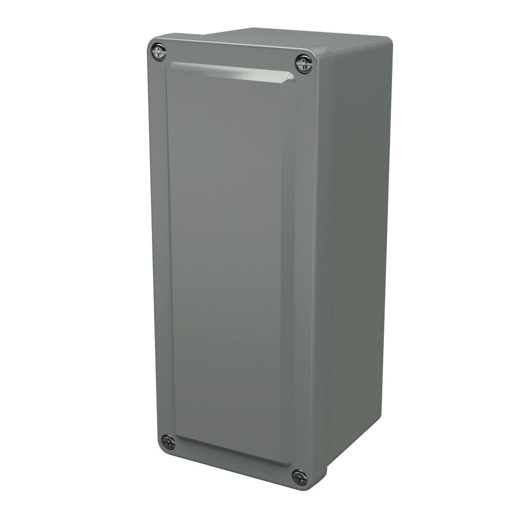 CF844 - Stahlin CF series pushbutton enclosure, blank cover, NEMA 1/3R/4X/6P/12, 8 x 4 x 4in (HxWxD), wall mount, fiberglass reinforced polyester, gray, crowned screw cover.