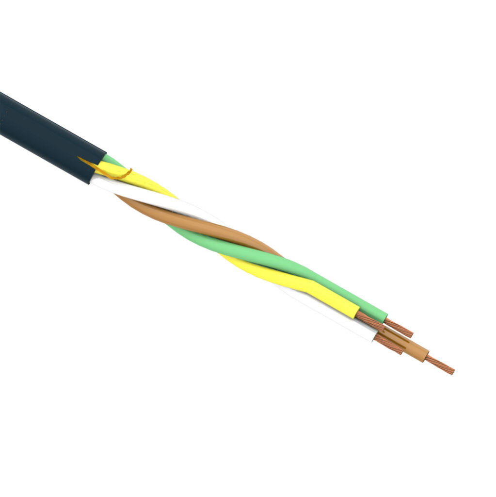 CF9-UL-05-04-1 - igus continuous flexing control cable, unshielded, 4 conductors (includes ground), 20 AWG (0.50mm2), bare copper, TPE conductor insulation material, black with white numbers and green/yellow ground, TPE jacket, gray, cut to length.