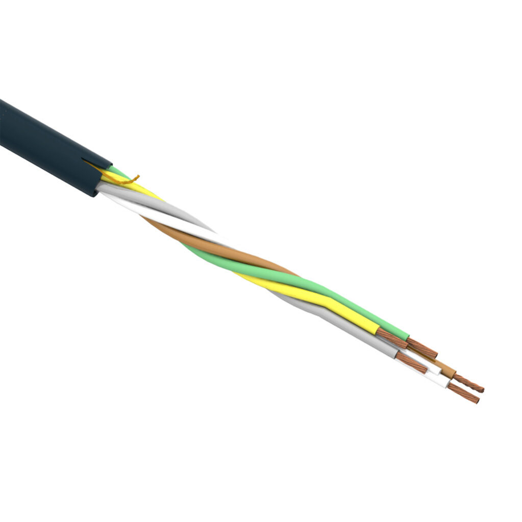 CF9-UL-05-05-1 - igus continuous flexing control cable, unshielded, 5 conductors (includes ground), 20 AWG (0.50mm2), bare copper, TPE conductor insulation material, black with white numbers and green/yellow ground, TPE jacket, gray, cut to length.