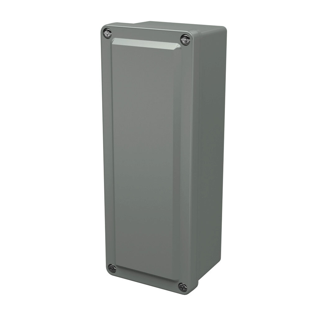 CF932 - Stahlin CF series pushbutton enclosure, blank cover, NEMA 1/3R/4X/6P/12, 9 x 3 x 2in (HxWxD), wall mount, fiberglass reinforced polyester, gray, crowned screw cover.