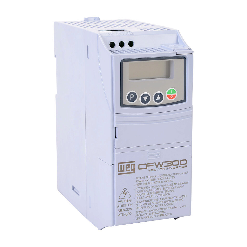 CFW300A01P6S2NB20 - WEG Electric CFW300 series AC general purpose drive, enclosed, 230 VAC, 1/4hp with 1-phase input, SVC, V/Hz or VVW mode, A frame. Optional communication modules available.