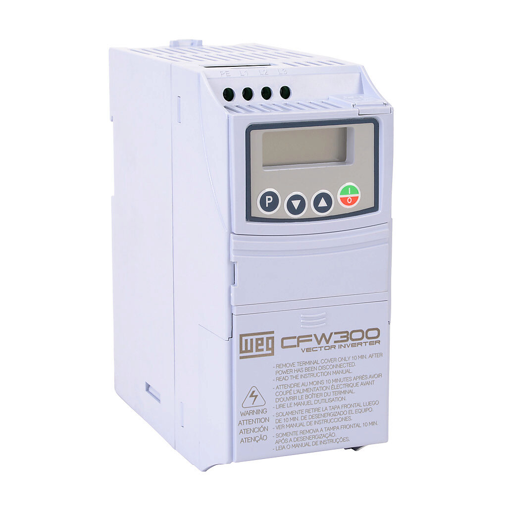 CFW300A01P6T2NB20 - WEG Electric CFW300 series AC general purpose drive, enclosed, 230 VAC, 1/4hp with 3-phase input, SVC, V/Hz or VVW mode, A frame. Optional communication modules available.