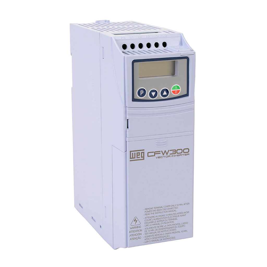 CFW300B15P2T2DB20 - WEG Electric CFW300 series AC general purpose drive, enclosed, 230 VAC, 5hp with 3-phase input, SVC, V/Hz or VVW mode, B frame, integrated dynamic braking. Optional communication modules available.