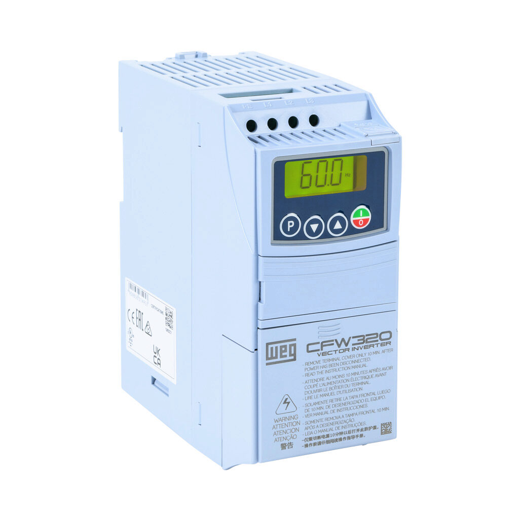 CFW320A01P1T4NB20 - WEG Electric CFW320 series AC general purpose drive, enclosed, 460 VAC, 1/2hp with 3-phase input, SVC, V/Hz or VVW mode, A frame. Optional communication and I/O modules available.