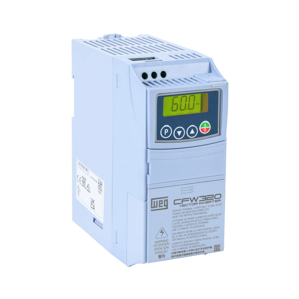 CFW320A01P6S1NB20 - WEG Electric CFW320 series AC general purpose drive, enclosed, 120 VAC, 1/4hp with 1-phase input, SVC, V/Hz or VVW mode, A frame. Optional communication and I/O modules available.