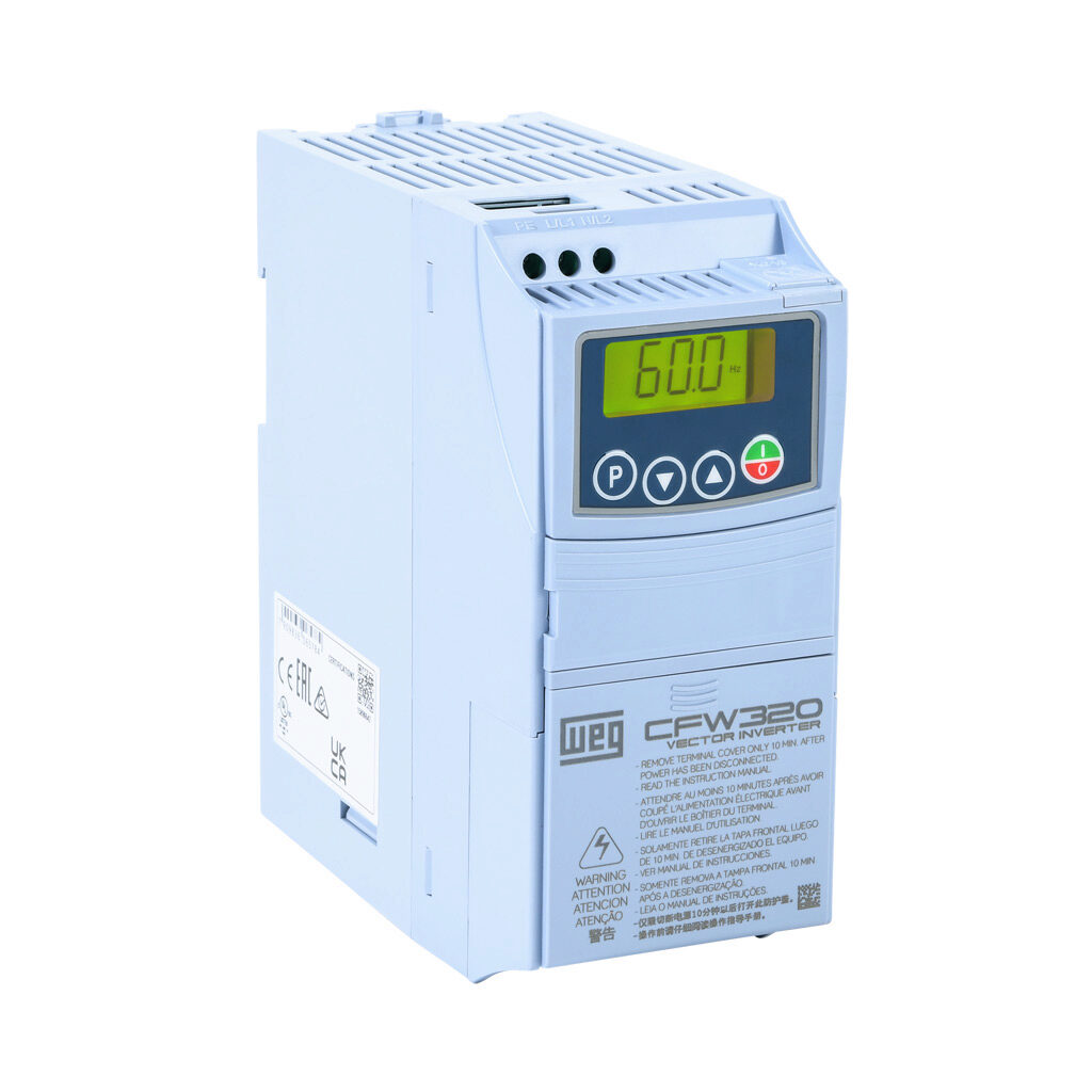 CFW320A01P6S2NB20 - WEG Electric CFW320 series AC general purpose drive, enclosed, 230 VAC, 1/4hp with 1-phase input, SVC, V/Hz or VVW mode, A frame. Optional communication and I/O modules available.