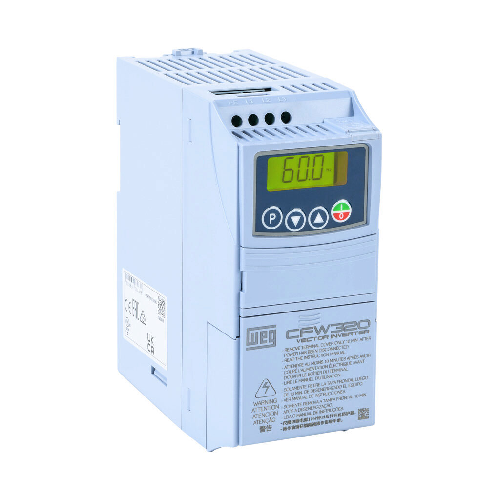 CFW320A01P6T2NB20 - WEG Electric CFW320 series AC general purpose drive, enclosed, 230 VAC, 1/4hp with 3-phase input, SVC, V/Hz or VVW mode, A frame. Optional communication and I/O modules available.