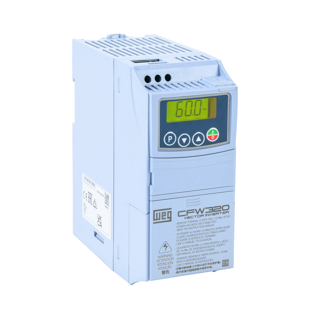 CFW320A02P6S1NB20 - WEG Electric CFW320 series AC general purpose drive, enclosed, 120 VAC, 1/2hp with 1-phase input, SVC, V/Hz or VVW mode, A frame. Optional communication and I/O modules available.