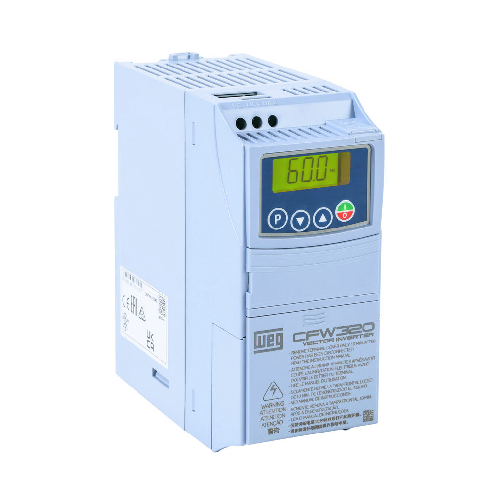 CFW320A02P6S2NB20 - WEG Electric CFW320 series AC general purpose drive, enclosed, 230 VAC, 1/2hp with 1-phase input, SVC, V/Hz or VVW mode, A frame. Optional communication and I/O modules available.