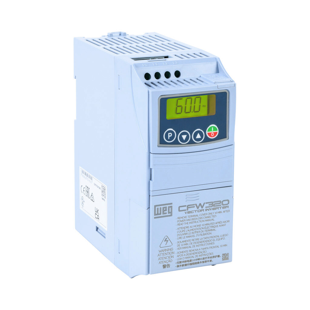 CFW320A02P6T2NB20 - WEG Electric CFW320 series AC general purpose drive, enclosed, 230 VAC, 1/2hp with 3-phase input, SVC, V/Hz or VVW mode, A frame. Optional communication and I/O modules available.