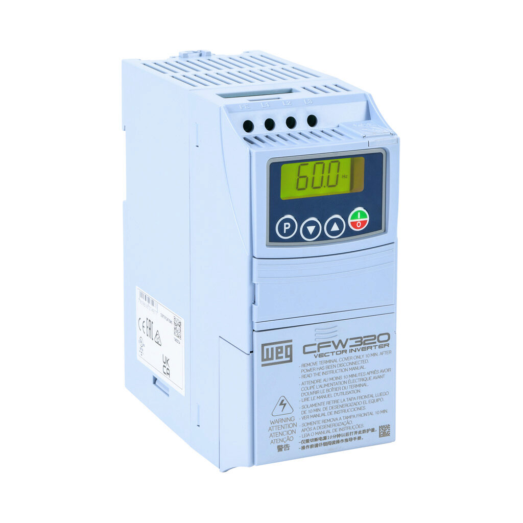 CFW320A02P6T4NB20 - WEG Electric CFW320 series AC general purpose drive, enclosed, 460 VAC, 1hp with 3-phase input, SVC, V/Hz or VVW mode, A frame. Optional communication and I/O modules available.