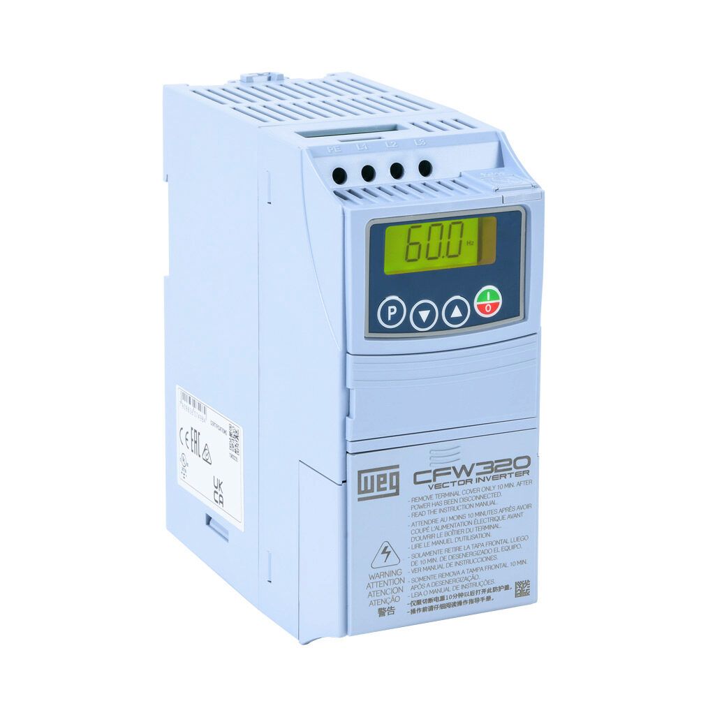 CFW320A03P5T4NB20 - WEG Electric CFW320 series AC general purpose drive, enclosed, 460 VAC, 2hp with 3-phase input, SVC, V/Hz or VVW mode, A frame. Optional communication and I/O modules available.