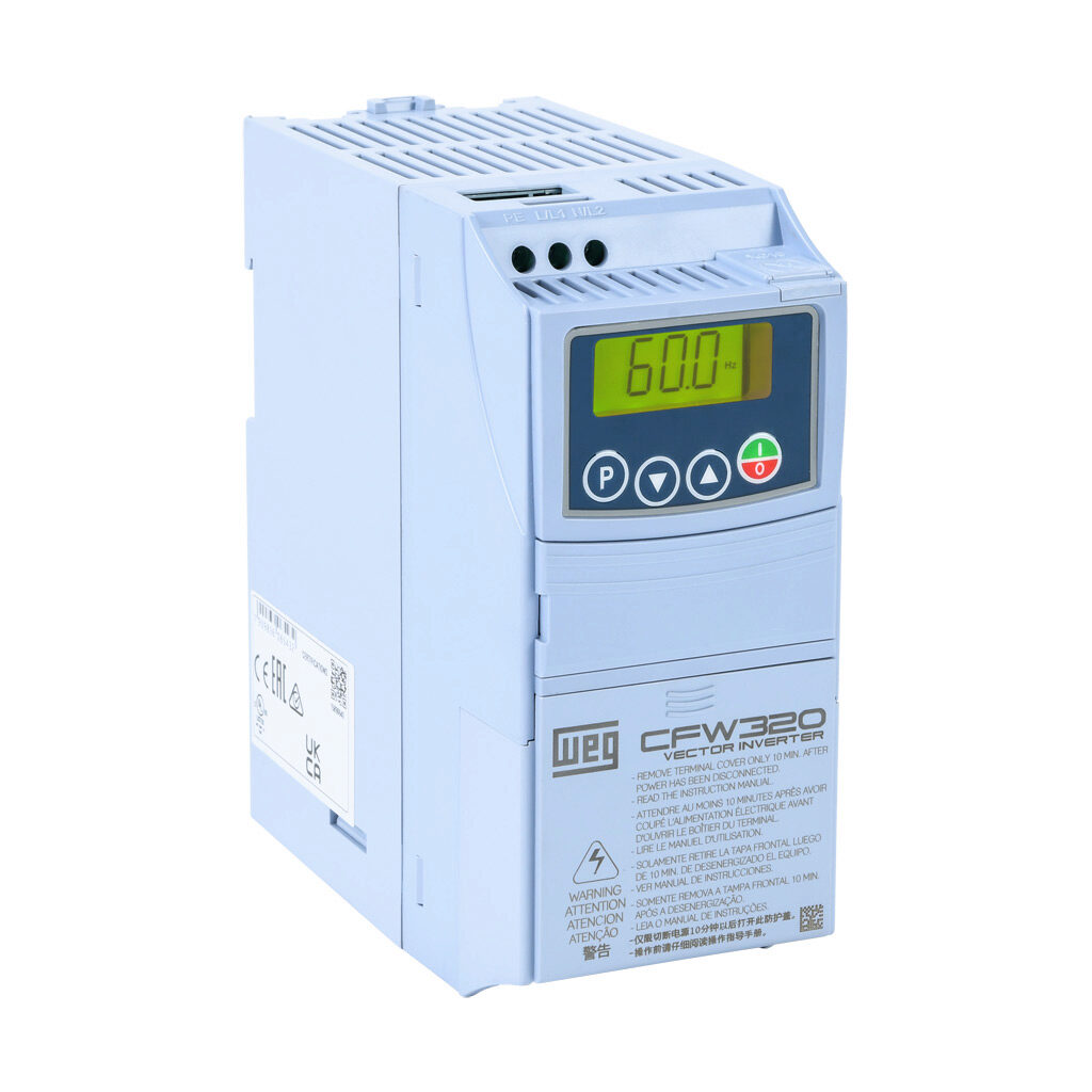 CFW320A04P2S1NB20 - WEG Electric CFW320 series AC general purpose drive, enclosed, 120 VAC, 1hp with 1-phase input, SVC, V/Hz or VVW mode, A frame. Optional communication and I/O modules available.