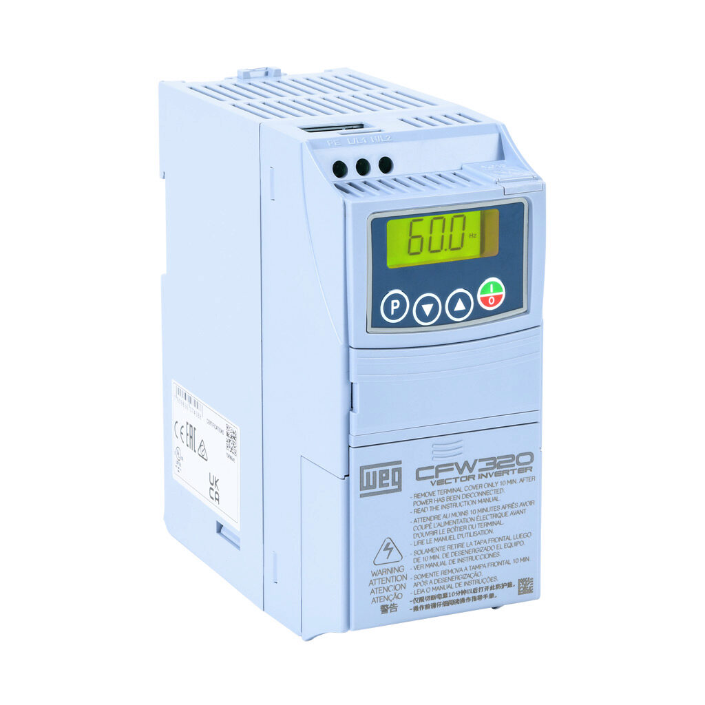 CFW320A04P2S2NB20 - WEG Electric CFW320 series AC general purpose drive, enclosed, 230 VAC, 1hp with 1-phase input, SVC, V/Hz or VVW mode, A frame. Optional communication and I/O modules available.
