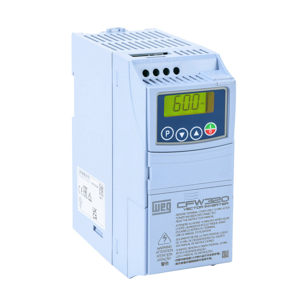 CFW320A04P2T2NB20 - WEG Electric CFW320 series AC general purpose drive, enclosed, 230 VAC, 1hp with 3-phase input, SVC, V/Hz or VVW mode, A frame. Optional communication and I/O modules available.