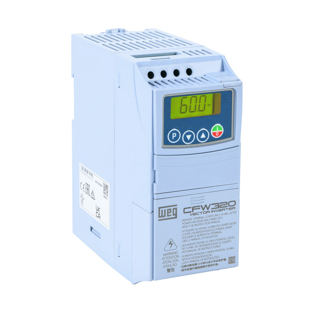 CFW320A04P8T4NB20 - WEG Electric CFW320 series AC general purpose drive, enclosed, 460 VAC, 3hp with 3-phase input, SVC, V/Hz or VVW mode, A frame. Optional communication and I/O modules available.