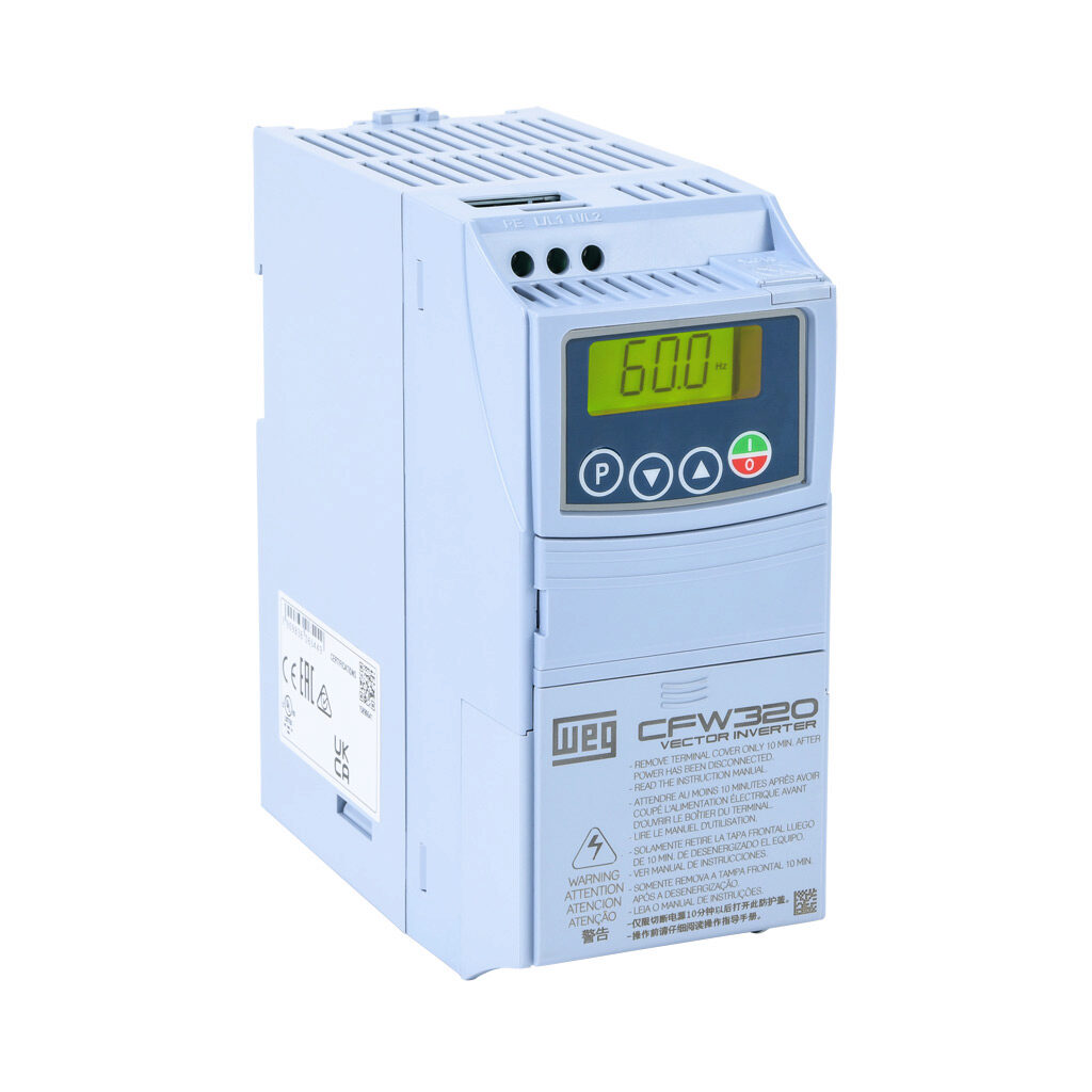 CFW320A06P0S1NB20 - WEG Electric CFW320 series AC general purpose drive, enclosed, 120 VAC, 1-1/2hp with 1-phase input, SVC, V/Hz or VVW mode, A frame. Optional communication and I/O modules available.