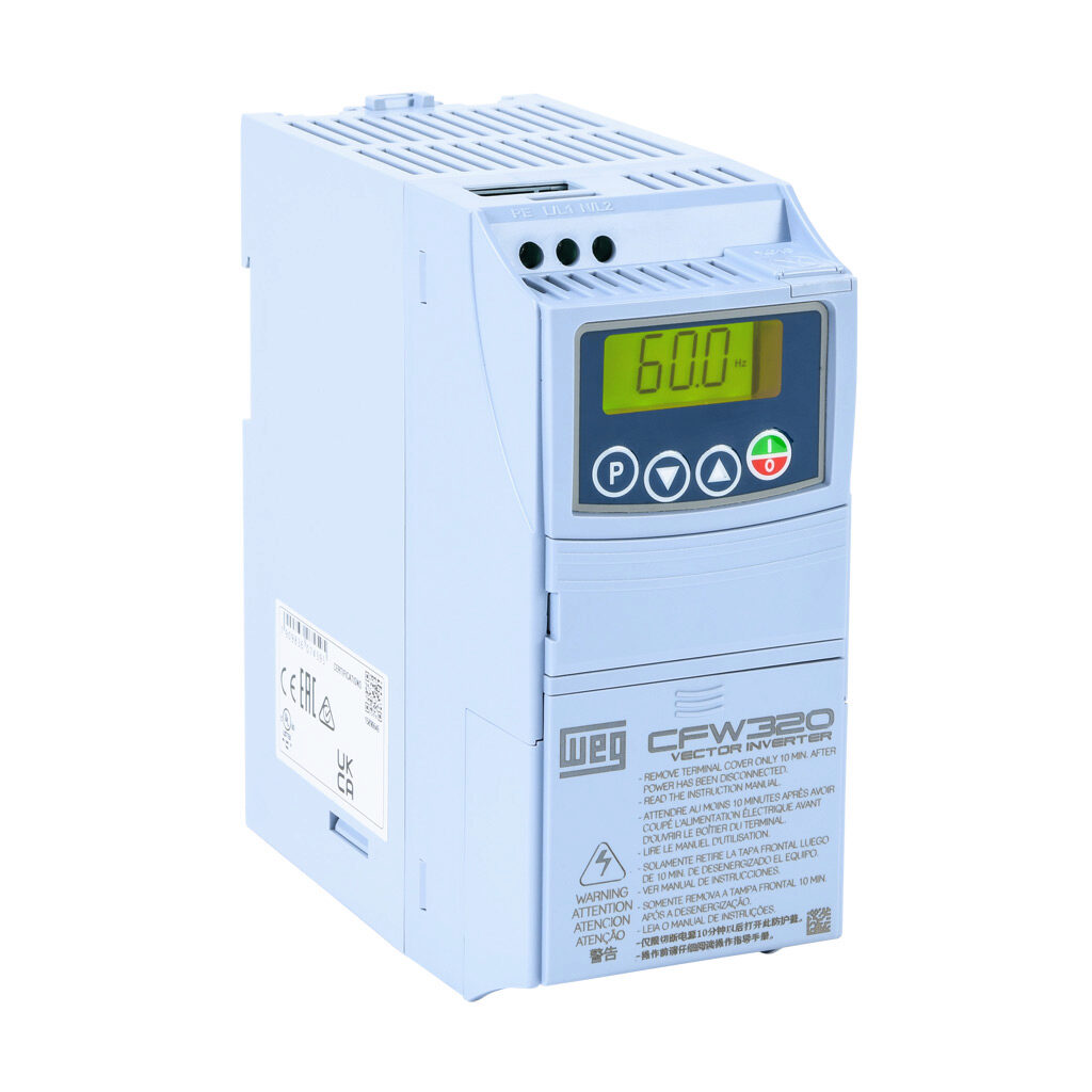 CFW320A06P0S2NB20 - WEG Electric CFW320 series AC general purpose drive, enclosed, 230 VAC, 1-1/2hp with 1-phase input, SVC, V/Hz or VVW mode, A frame. Optional communication and I/O modules available.