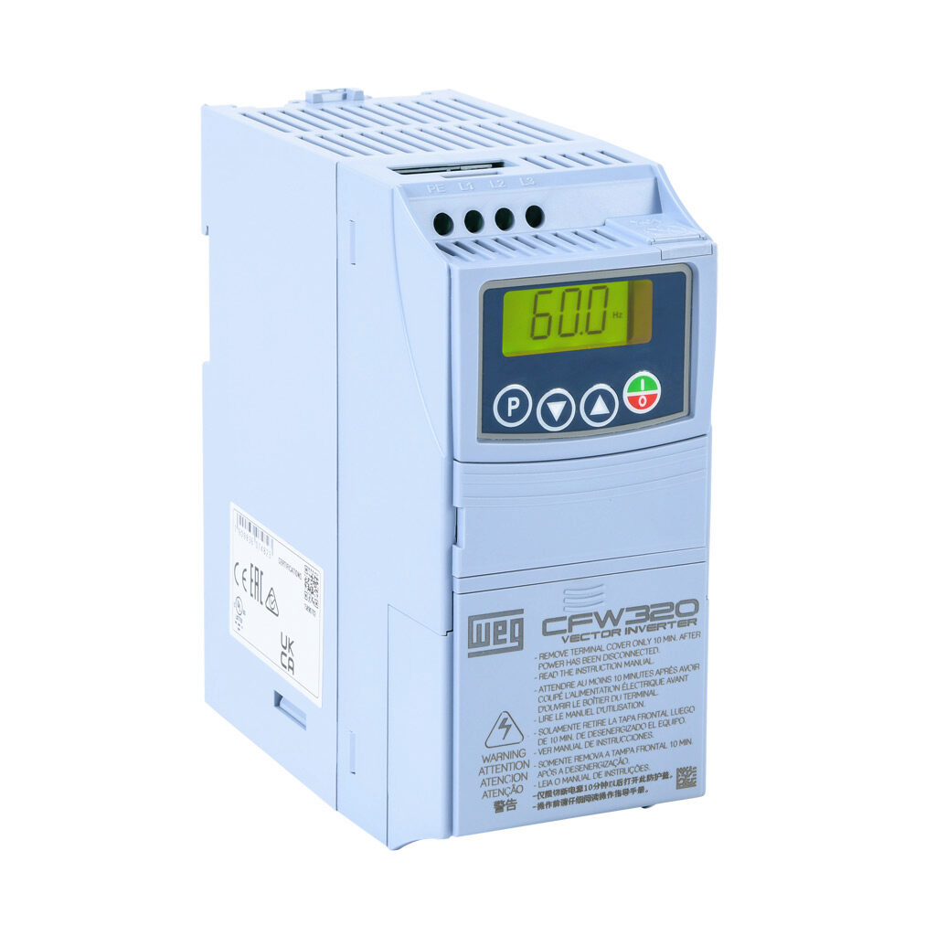 CFW320A06P0T2NB20 - WEG Electric CFW320 series AC general purpose drive, enclosed, 230 VAC, 1-1/2hp with 3-phase input, SVC, V/Hz or VVW mode, A frame. Optional communication and I/O modules available.