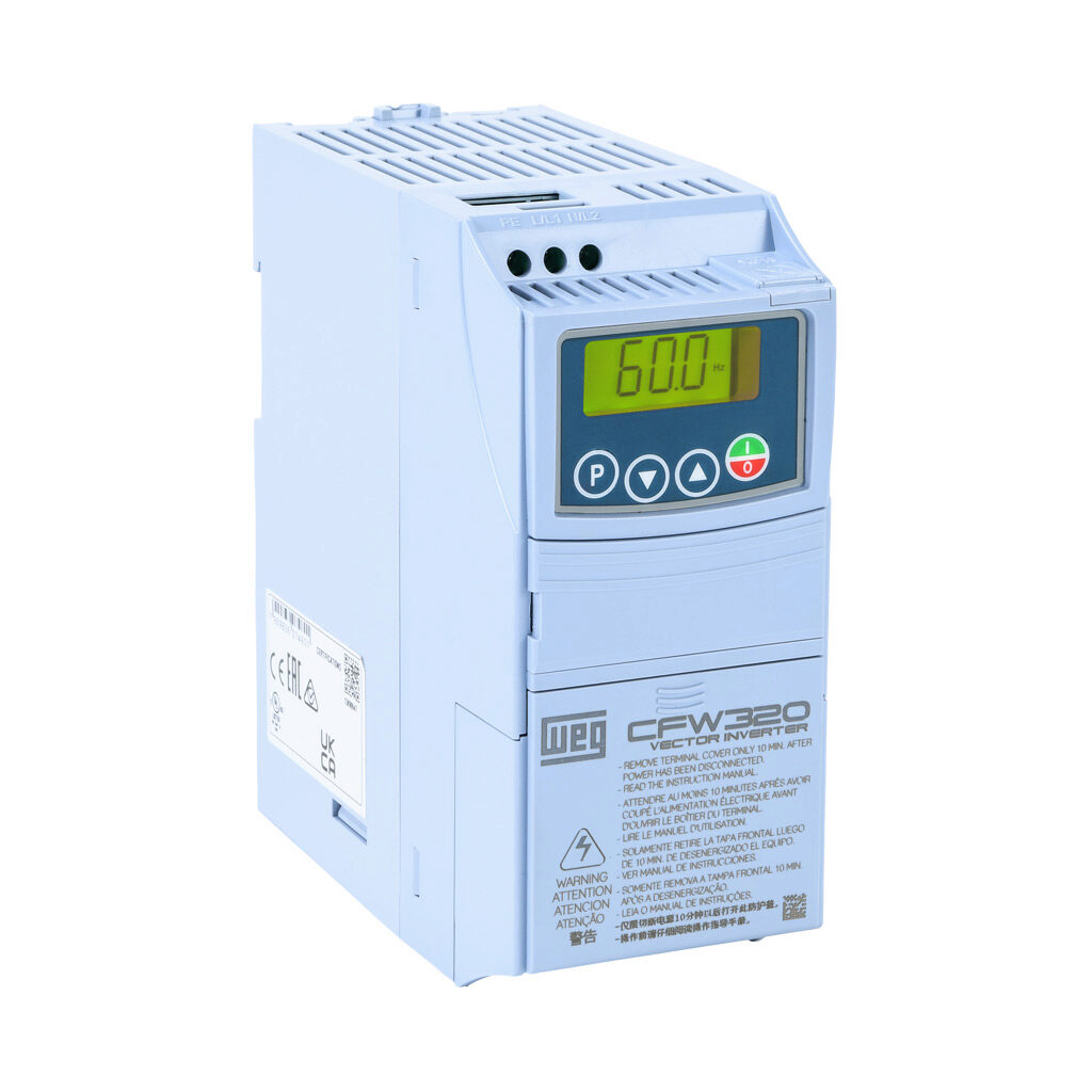 CFW320A07P3S2NB20 - WEG Electric CFW320 series AC general purpose drive, enclosed, 230 VAC, 2hp with 1-phase input, SVC, V/Hz or VVW mode, A frame. Optional communication and I/O modules available.