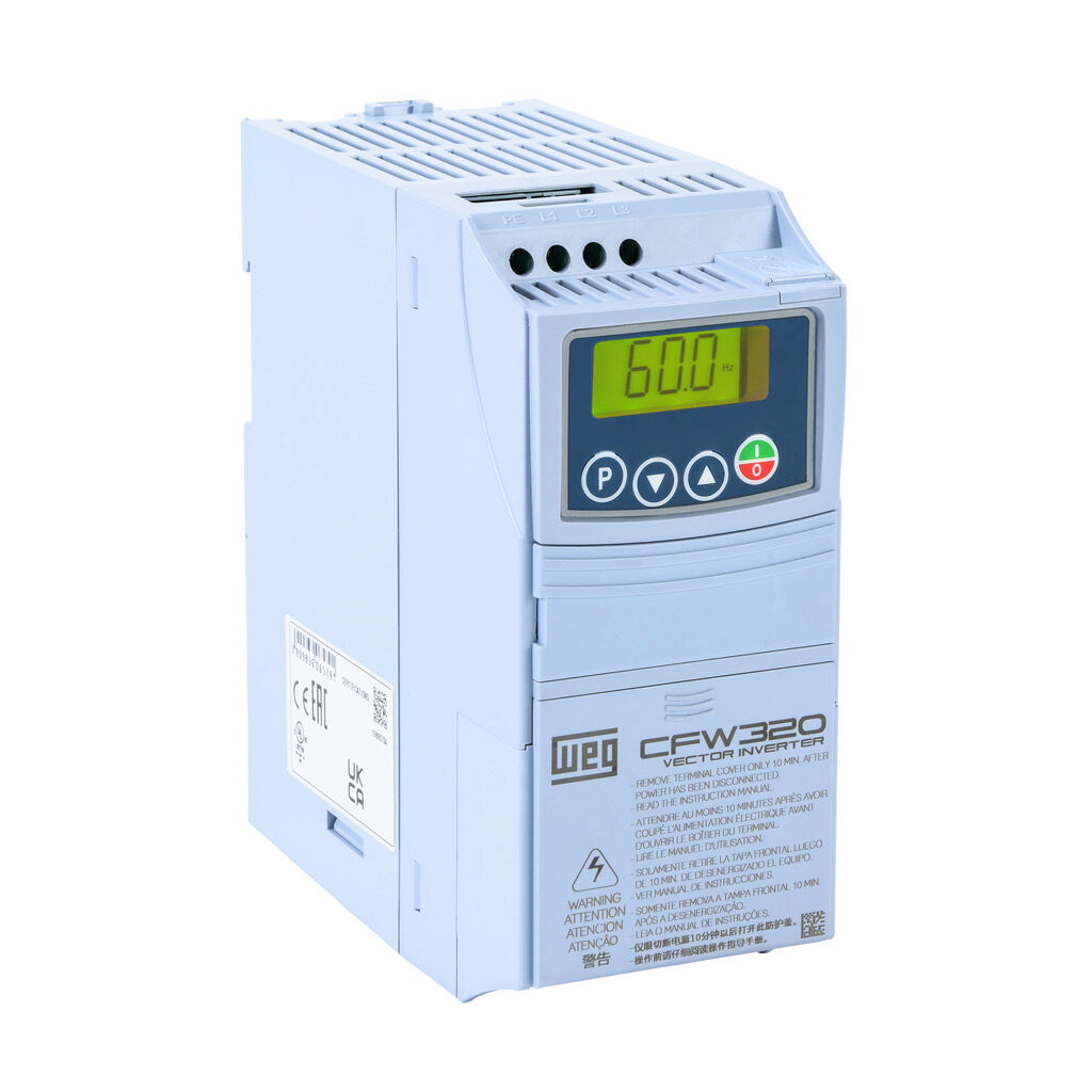 CFW320A07P3T2NB20 - WEG Electric CFW320 series AC general purpose drive, enclosed, 230 VAC, 2hp with 3-phase input, SVC, V/Hz or VVW mode, A frame. Optional communication and I/O modules available.